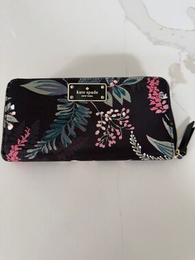 kate spade Black Floral Zip-Around Wallet with Pink Accents